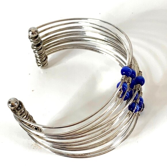 Vintage Multi-Layer Multi-Beads Blue Cat Eye Wrapped Wire Cuff Bracelet - Picture 5 of 8